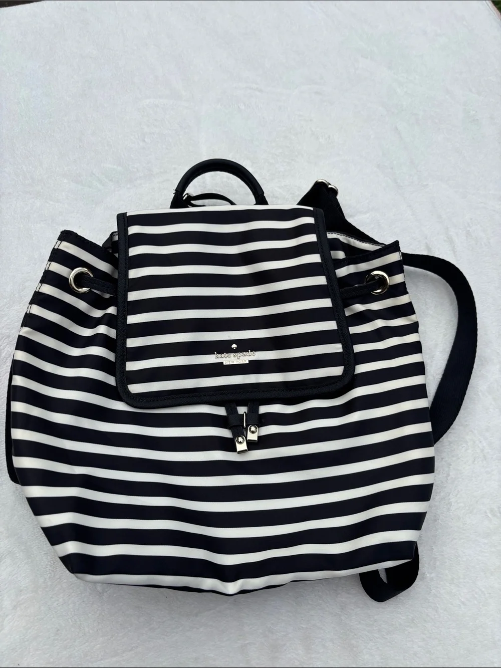 kate spade Black and White Striped Nylon Drawstring Backpack